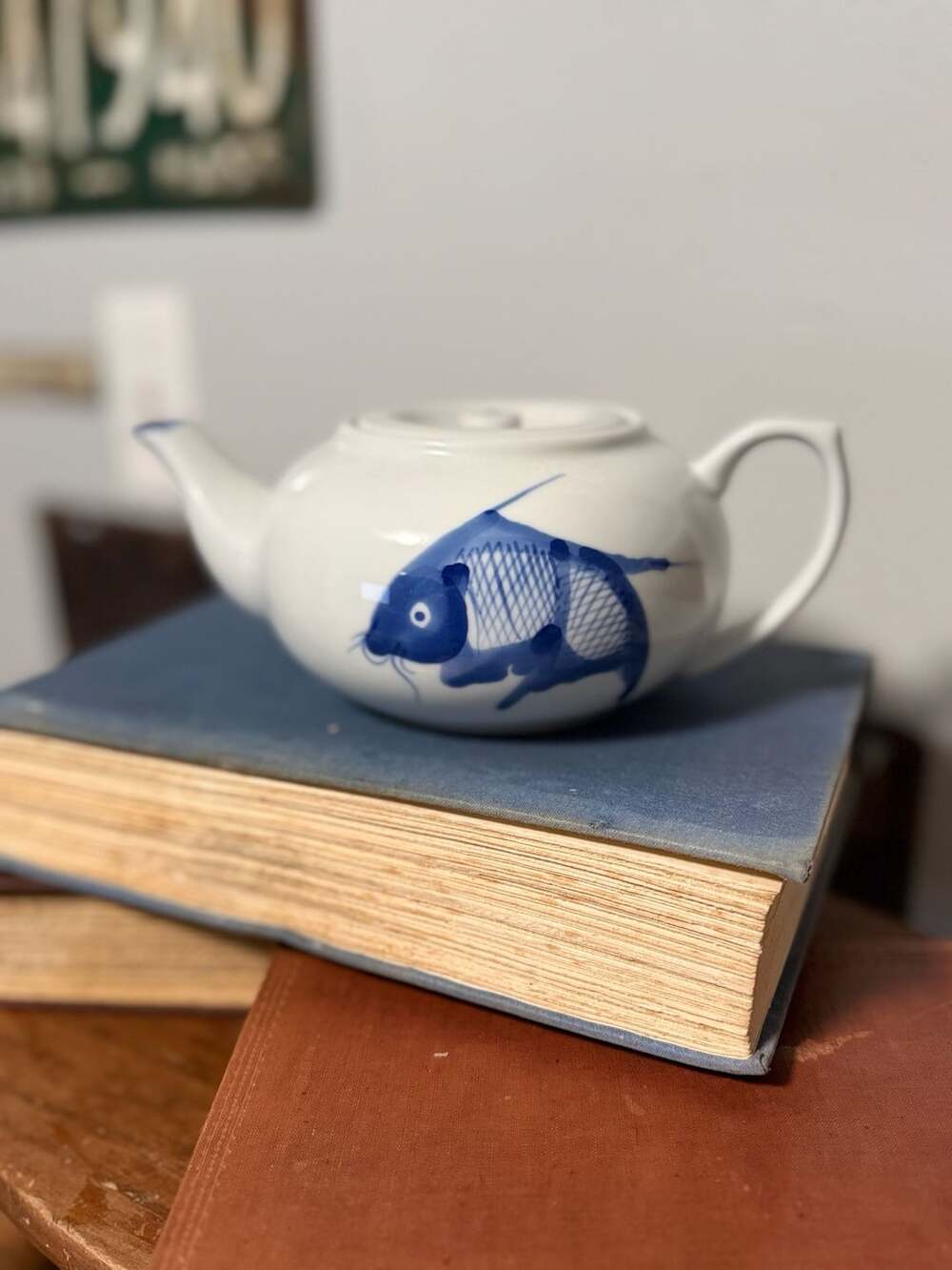 Vintage Ceramic Blue and White Koi Fish Teapot with Lid